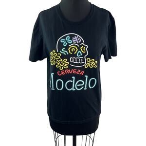 MODELO Cerveza Black Top Cotton Neon Skull Floral Graphic Crew Tee Size Medium M